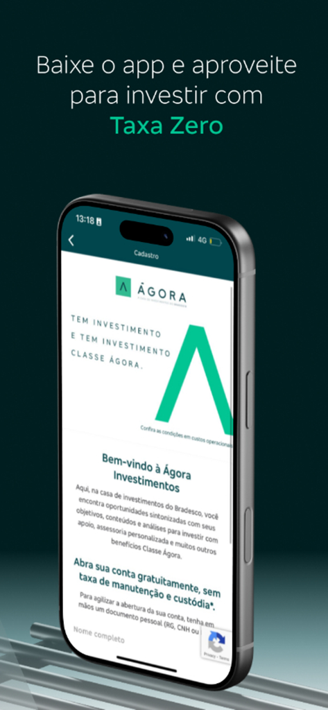 Registration screen of the Agora investment app on a smartphone with zero fee promotion