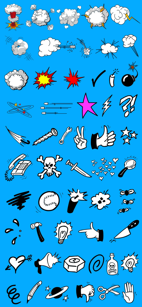 Comic Caption Meme Maker Lite - A collection of authentic comic book stickers including action effects, hand gestures, and symbols