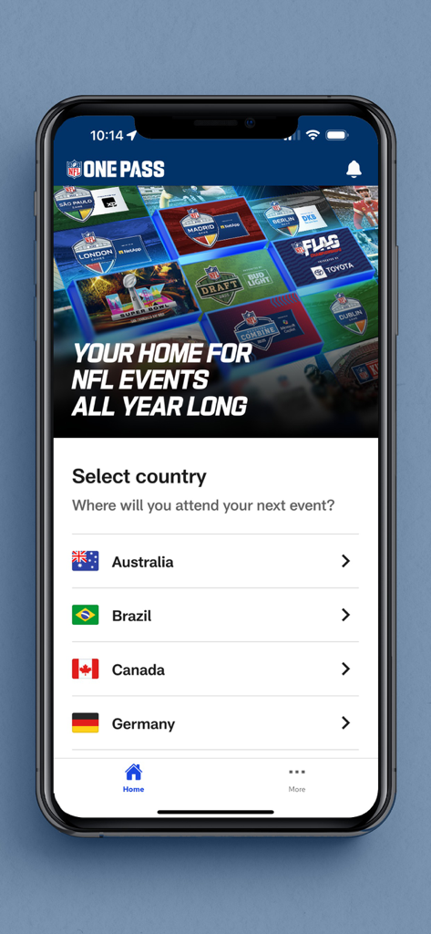 NFL OnePass app screen showing the country selection for global events