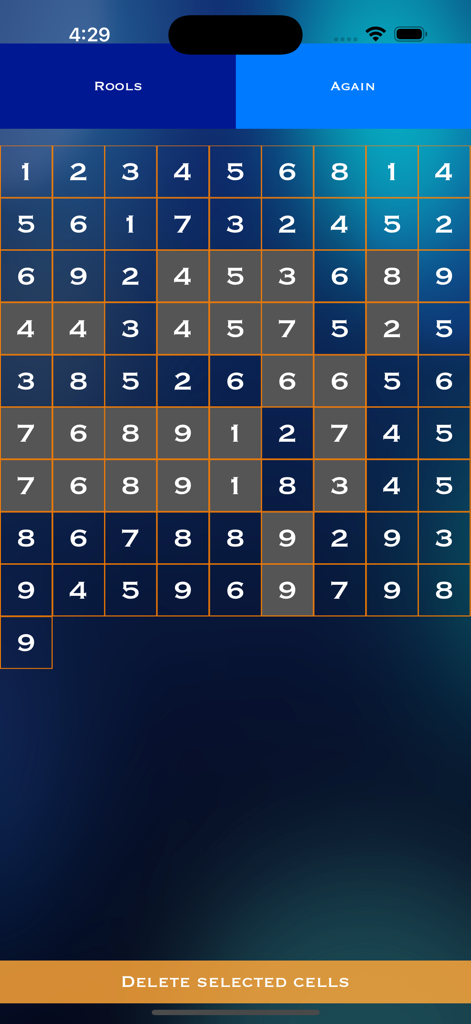Mobile game interface of Cross It Out featuring a grid of numbers with selected cells and a delete button