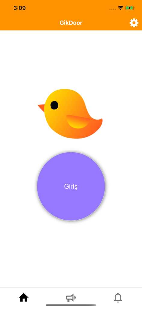 GikDoor - GikDoor mobile app home screen with a yellow bird icon and a purple entry button