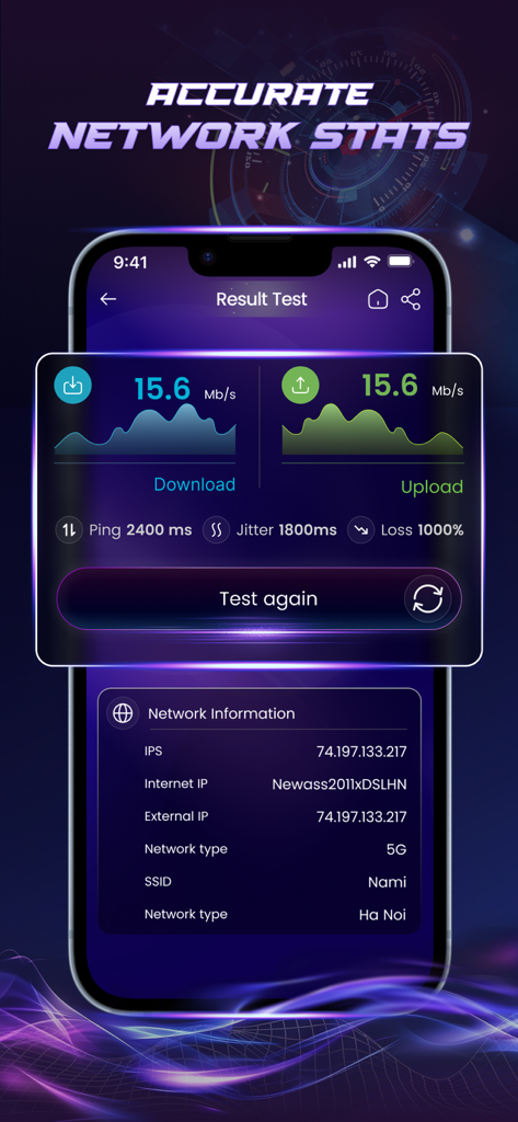Internet Speed Test & Analyze - Un'interfaccia di app mobile che mostra i risultati dettagliati del test di velocità di internet, comprese le velocità di download e upload e la diagnostica di rete