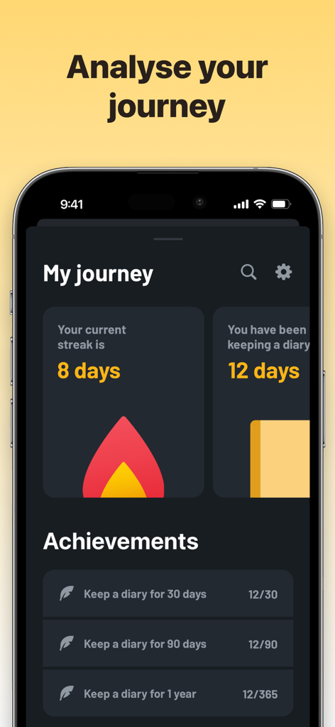 Solid Diary - AI Journal - Solid Diary app interface showing journaling streaks and user achievements