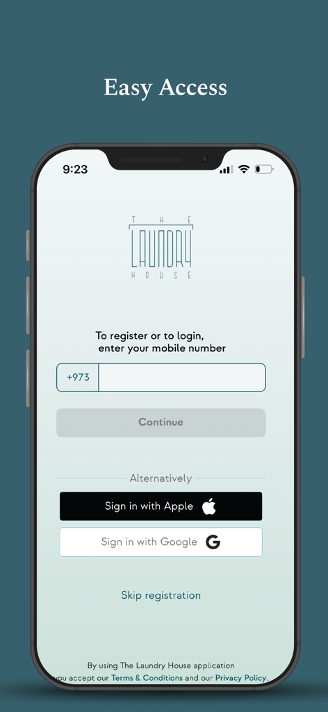 The Laundry House - La pantalla de inicio de sesión y registro de la aplicación The Laundry House con opciones para iniciar sesión con número de móvil, Apple y Google