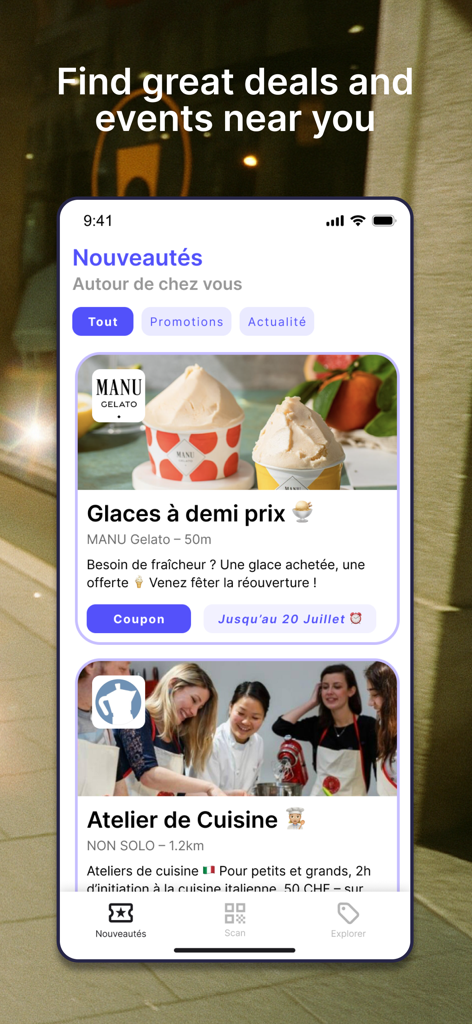 Interfaz de la app Badger Cards mostrando ofertas de comercios locales y eventos comunitarios como promociones de helados y talleres de cocina.