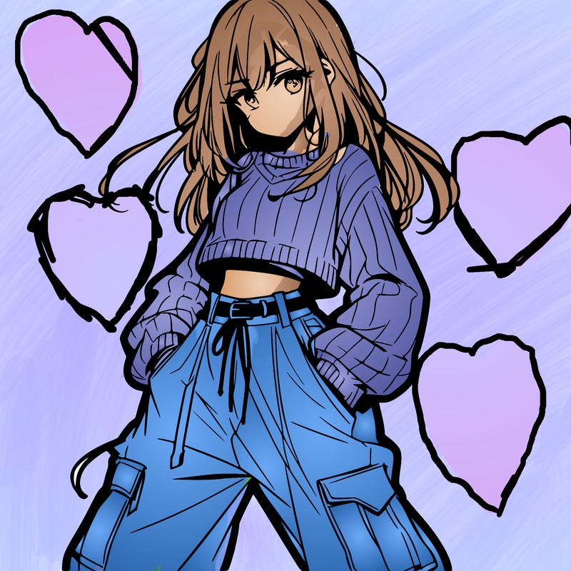 anime teen girl with baggy pants and crop top with sweater