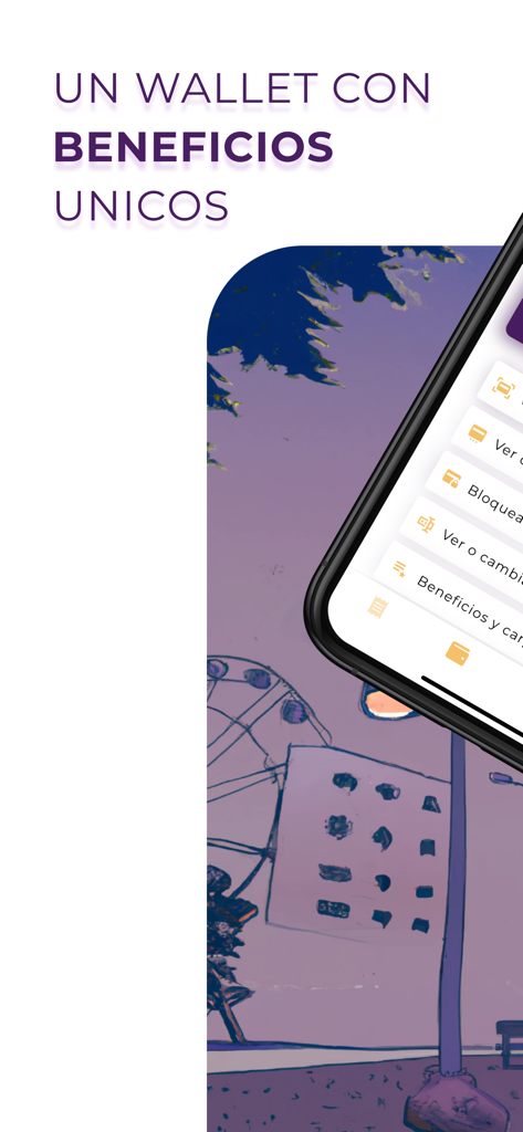 Factu - Factu Mobile App-Bildschirm, der die Vorteile und Verwaltungsoptionen des digitalen Wallets auf Spanisch zeigt