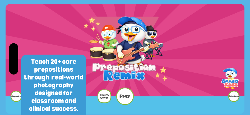 가상 오리 밴드와 재생 및 보고서 버튼이 있는 Preposition Remix 앱 홈 화면.