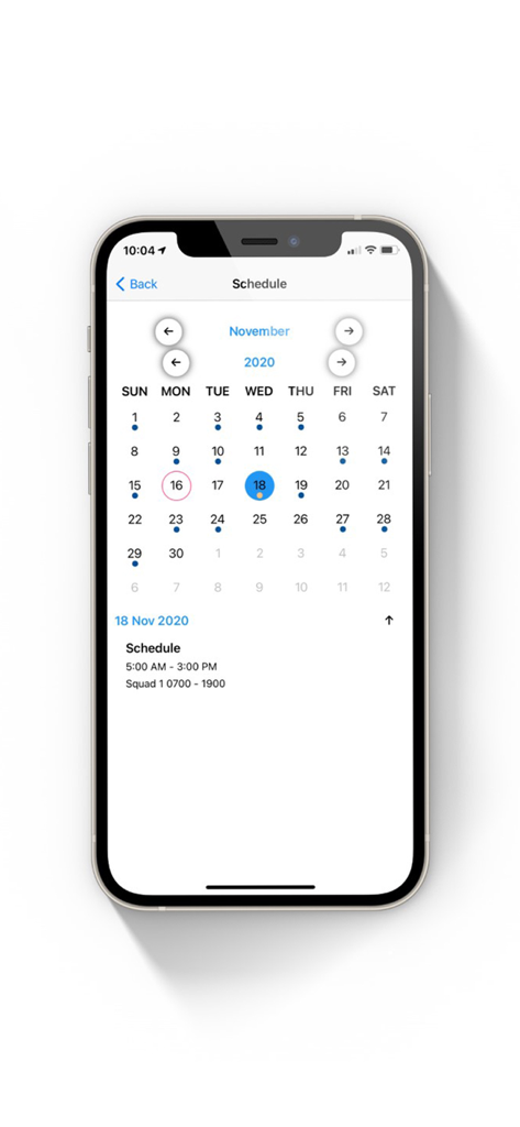 VCS Workforce Management - A mobile app interface showing a monthly schedule calendar with shift details for a selected day.