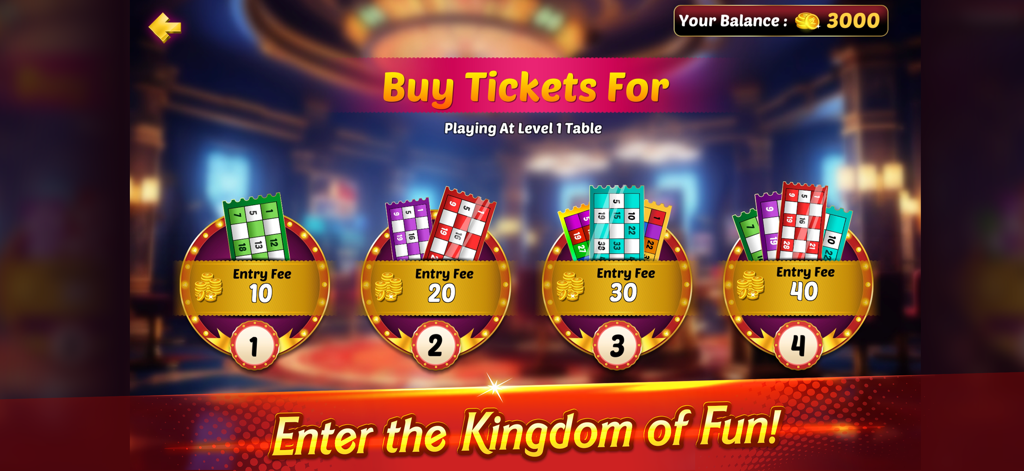 Pantalla de selección para comprar múltiples boletos de juego de Tambola con tarifas de entrada en monedas