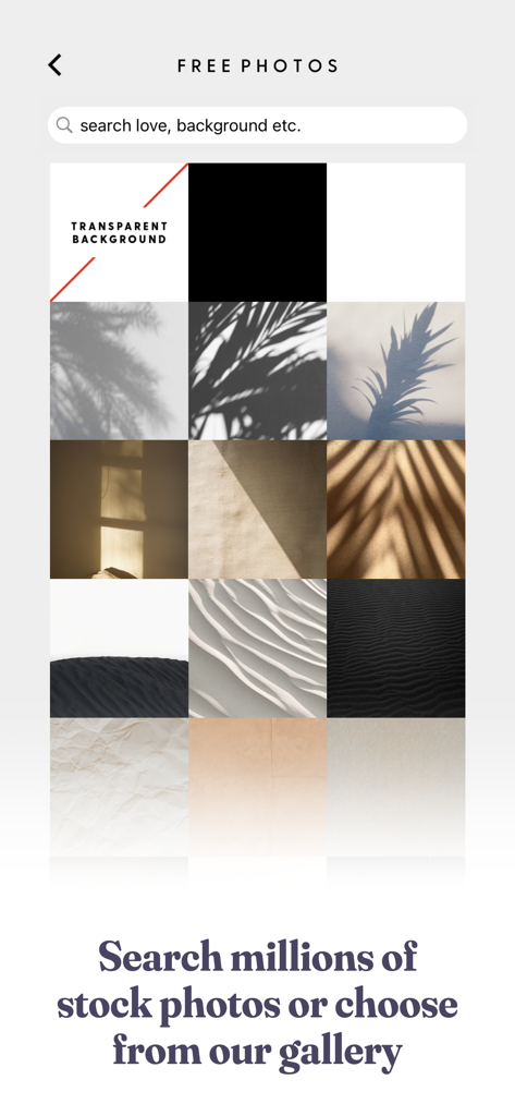 Word Swag - Cool Fonts - Word Swag app interface showing a searchable gallery of free aesthetic stock photos and background images