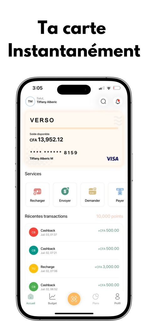 Verso App - Verso mobile app interface showing account balance and virtual visa card