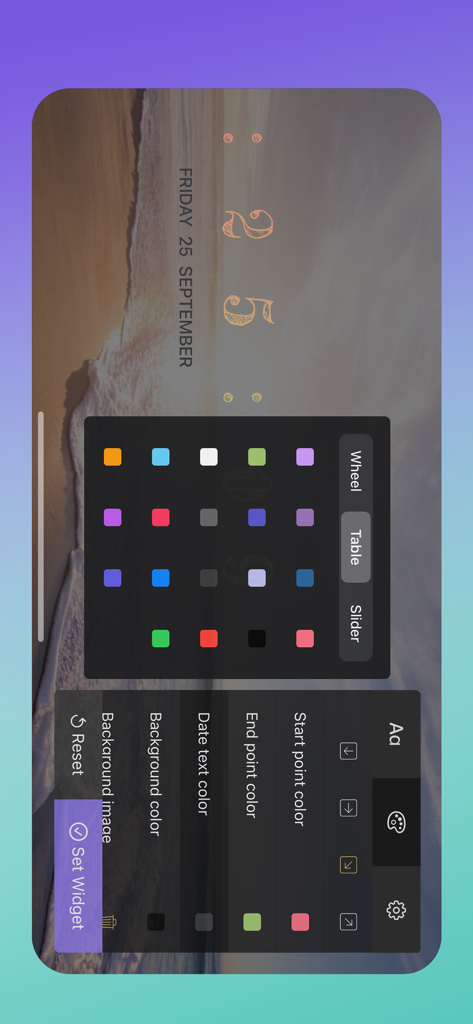 OnClock - Widget - Editor do aplicativo OnClock mostrando seleção de cores e configurações de fonte para um widget de relógio estilizado