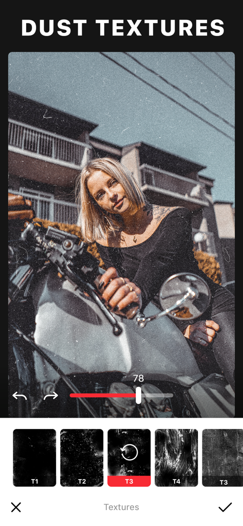 RetroCam: Vintage Film Camera - RetroCam app interface showing dust textures and vintage film effects being applied to a photo of a woman on a motorcycle.