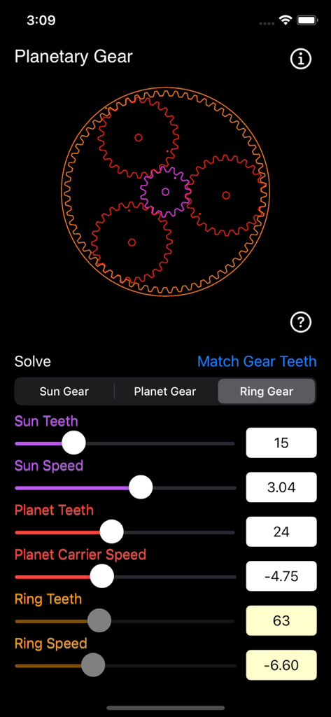 Interfaz de una calculadora de engranajes planetarios mostrando una simulación de engranajes y parámetros ajustables para velocidad y recuento de dientes.