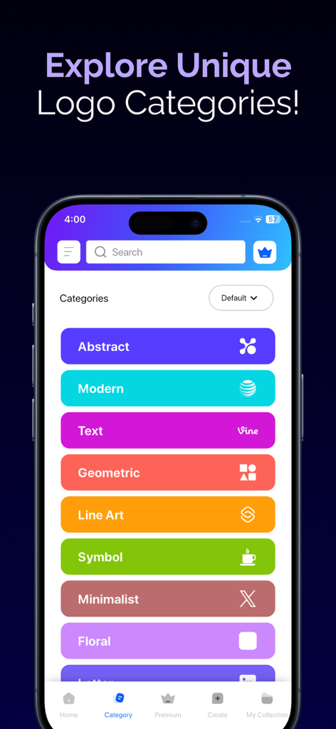 AI Logo Maker: Graphic Designs - A mobile interface displaying various logo design categories like Abstract, Modern, Text, and Geometric in a colorful list.