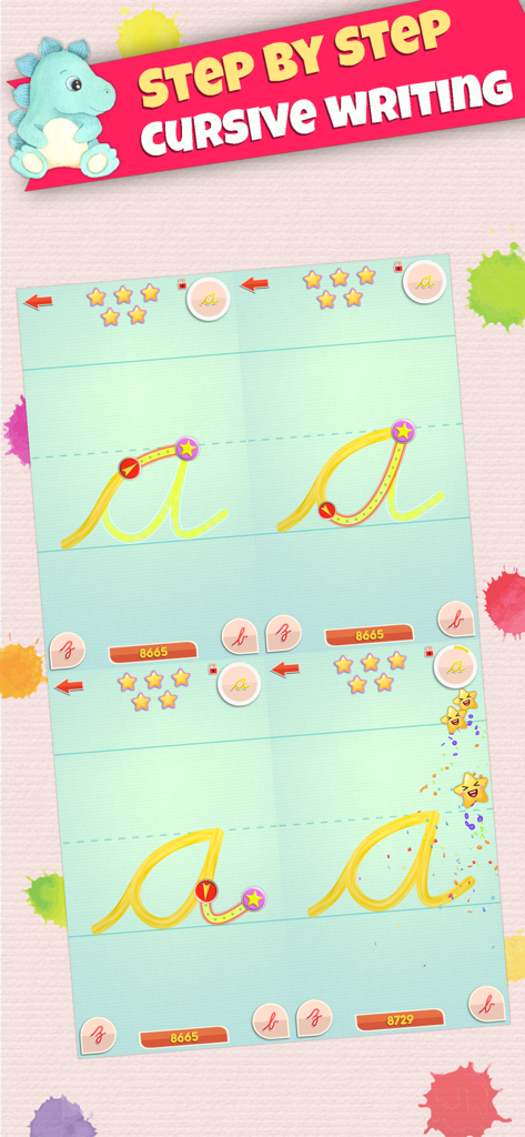 LetraKid PRO - Cursive Writing - Step by step cursive handwriting guide for the letter a in the LetraKid PRO app interface.
