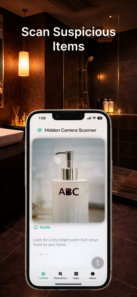 Electronics & Spy Cam Detector - A smartphone app interface scanning a soap dispenser in a bathroom to detect hidden cameras.