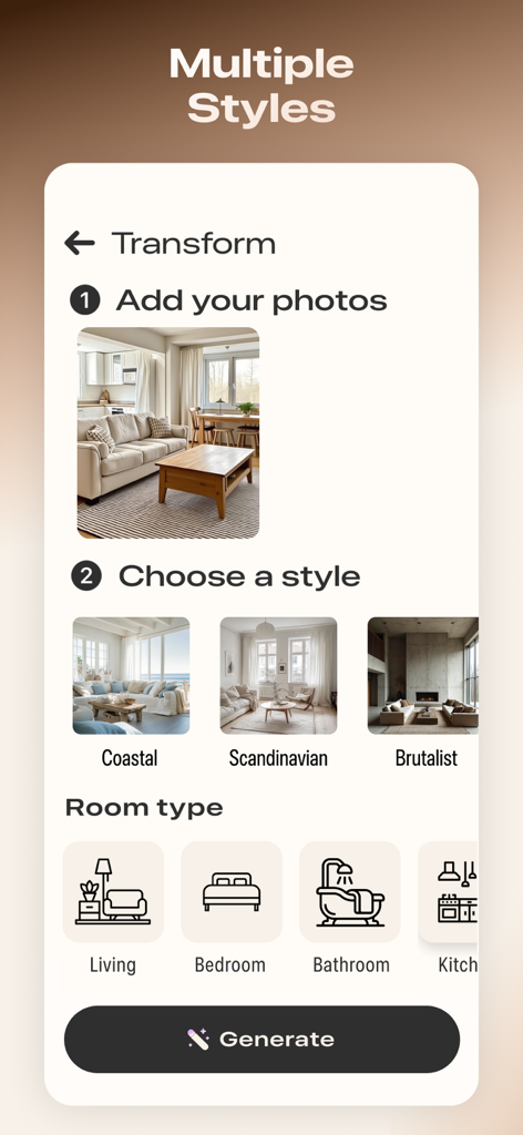 Hestior Interior AI Architect - Interface of Hestior Interior AI app showing steps to upload a photo and select design styles like Coastal, Scandinavian, and Brutalist for various room types