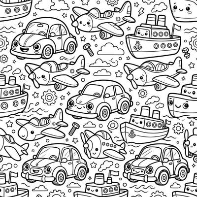 Embark on a delightful coloring journey with this adorable seamless pattern featuring kawaii cars, planes, and ships! This charming design offers endless creative possibilities as you bring these cute vehicles to life.