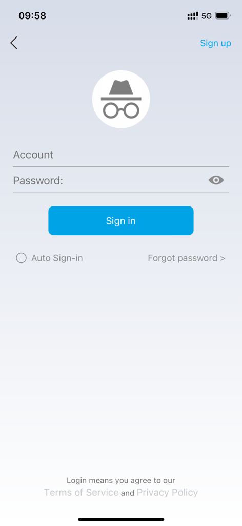 SkyCharger app sign in screen with account and password fields