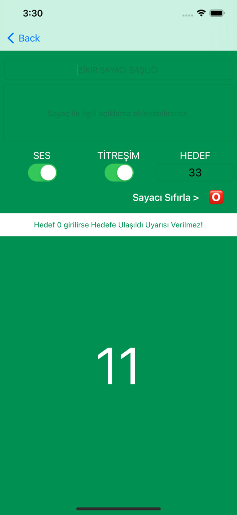 소리와 진동 설정을 보여주고 현재 횟수가 11인 디지털 타스비 카운터 인터페이스입니다.