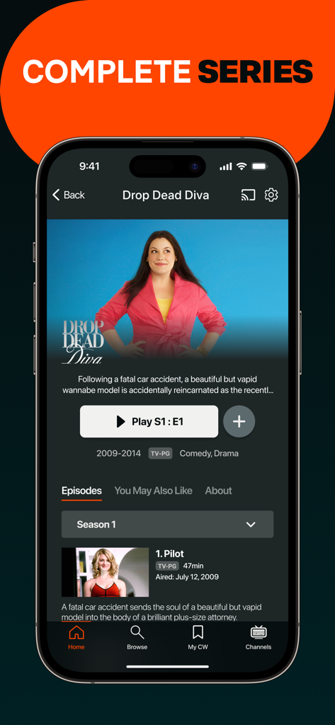 The CW - Captura de pantalla de la aplicación móvil The CW que muestra la página de la serie Drop Dead Diva con una opción para ver la serie completa.
