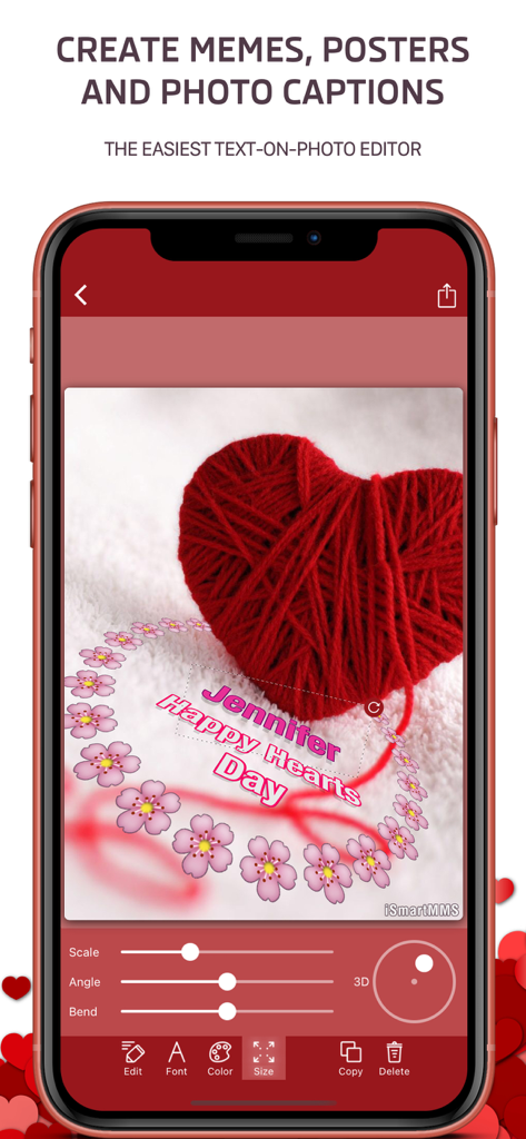 Interfaz de aplicación móvil mostrando herramientas de edición de texto sobre foto para crear tarjetas de felicitación de amor personalizadas