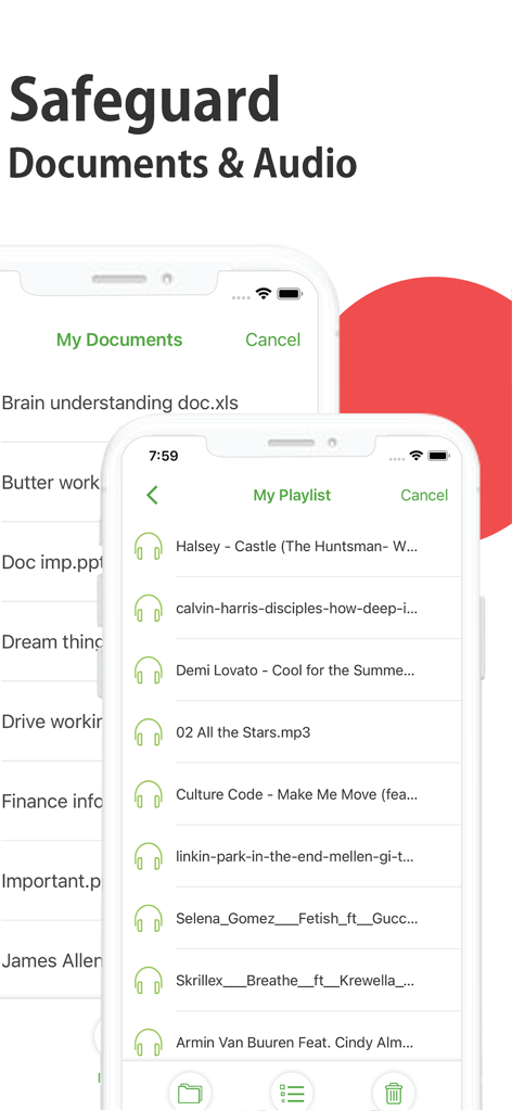 User interface showing hidden documents and a private audio playlist within the secure vault app