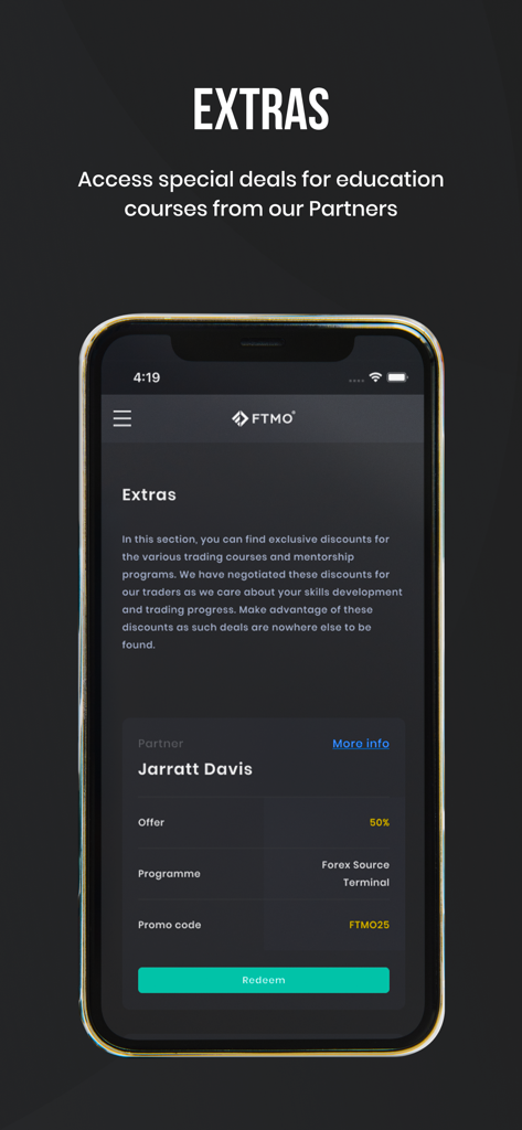 FTMO - Modern Prop Trading - Schermata della sezione Extra dell'app FTMO con sconti esclusivi su corsi di formazione e programmi di mentorship dei partner.