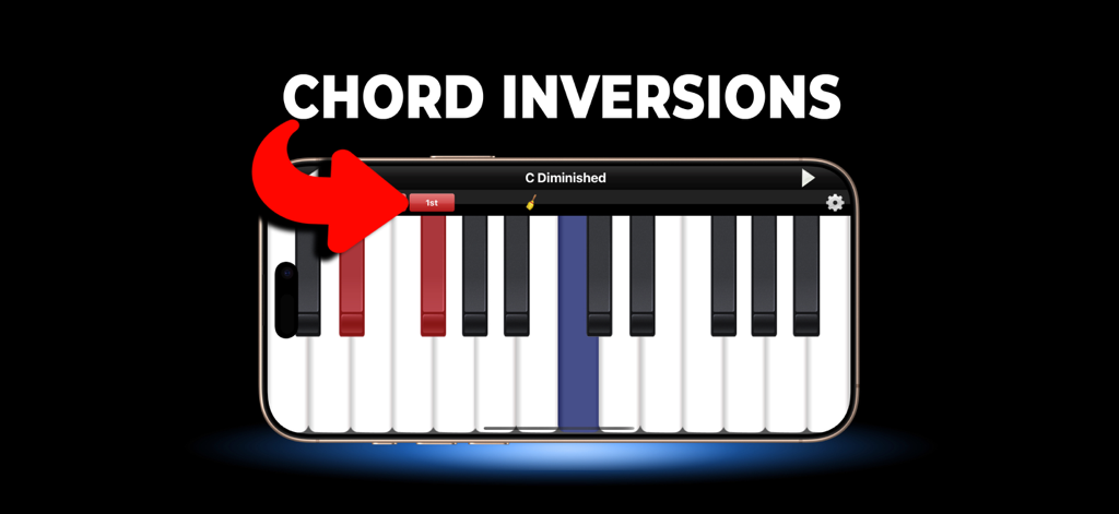 Piano Chords & Scales - Smartphone screen showing the Piano Chords and Scales app displaying C Diminished chord inversions on a virtual keyboard.
