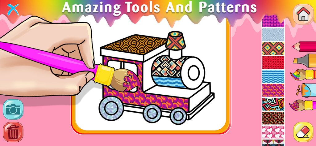 Coloring & drawing games kids - Digital coloring book interface showing a hand painting a train using vibrant pattern tools and brushes.