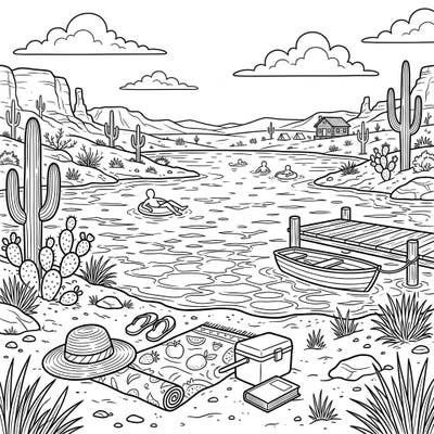 Escape to a serene desert oasis with this captivating coloring page, capturing a vibrant summer day at a tranquil lake. Immerse yourself in the joy of coloring lush cacti, shimmering waters, and relaxing lakeside activities.