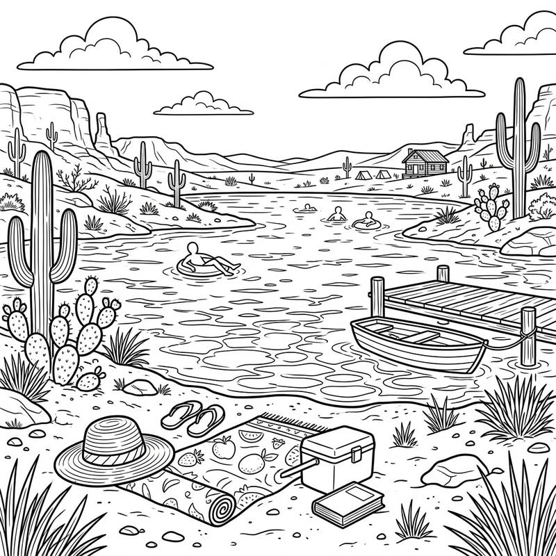Escape to a serene desert oasis with this captivating coloring page, capturing a vibrant summer day at a tranquil lake. Immerse yourself in the joy of coloring lush cacti, shimmering waters, and relaxing lakeside activities.