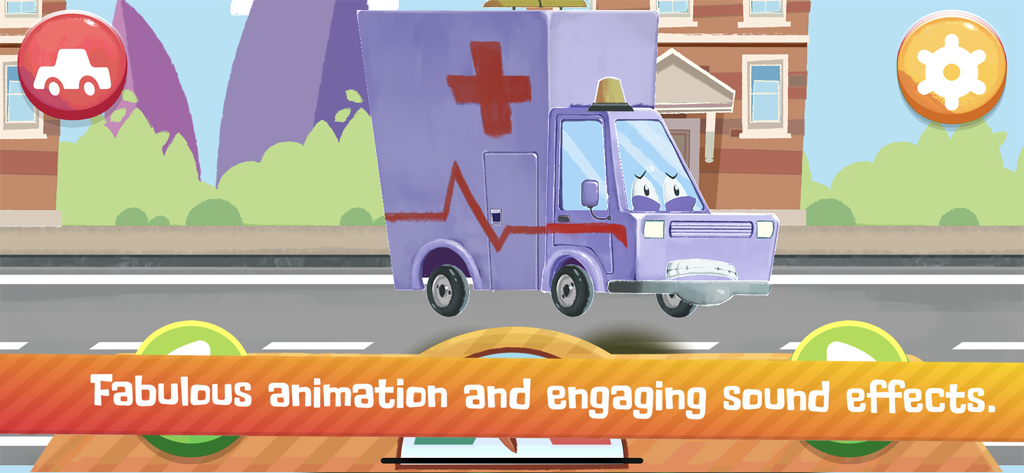 Vkids Vehicles: Games for kids - Un'ambulanza viola dei cartoni animati con una faccia che guida per strada in un gioco per bambini
