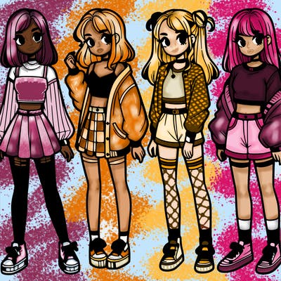 one girl with crop-top shirt and a jacket with a skirt, long socks and another girl with a shirt and pants with a jacket