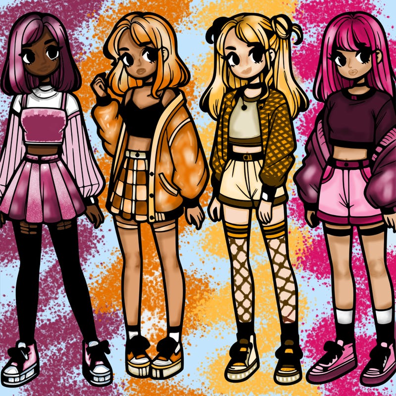 one girl with crop-top shirt and a jacket with a skirt, long socks and another girl with a shirt and pants with a jacket