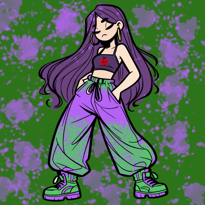 girl in baggy pants crop top and long hair