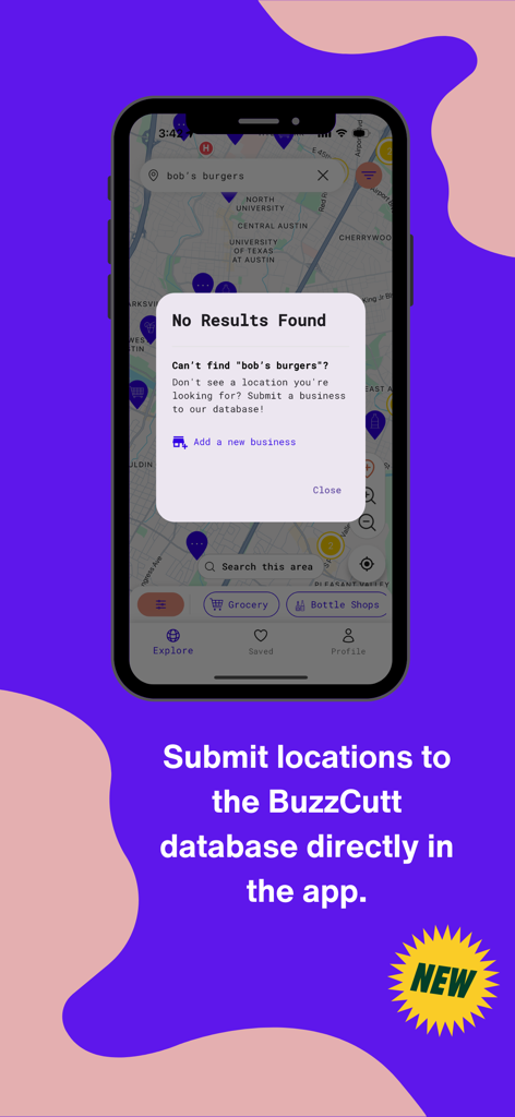 BuzzCutt - A screenshot of the BuzzCutt app showing a feature to submit new business locations to the database directly from the map interface.