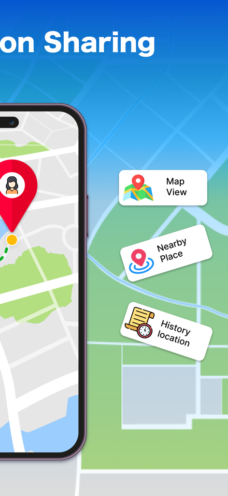 Real-time GPS Location Sharing - Interface do aplicativo de compartilhamento de localização GPS mostrando visualização de mapa, locais próximos e recursos de histórico de localização.