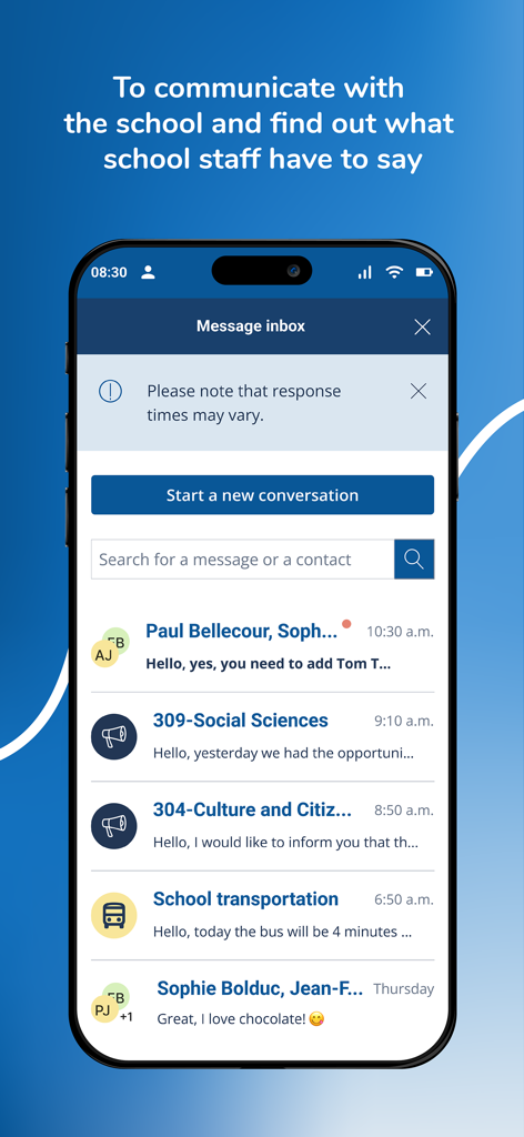 Clic école - Un écran d'application mobile affichant une liste de messages du personnel de l'école et des services de transport dans Clic école.