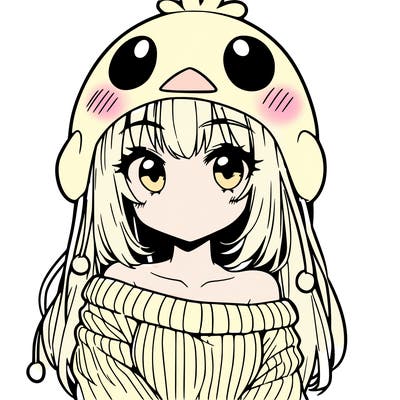anime girl with chick shaped hat with sweater with bare shoulders with bangs covering them one eye with low tail