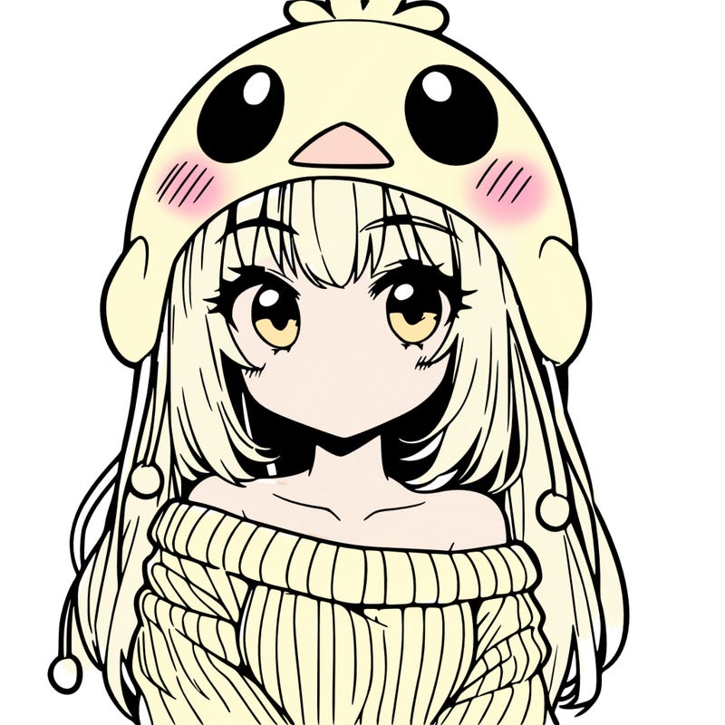 anime girl with chick shaped hat with sweater with bare shoulders with bangs covering them one eye with low tail