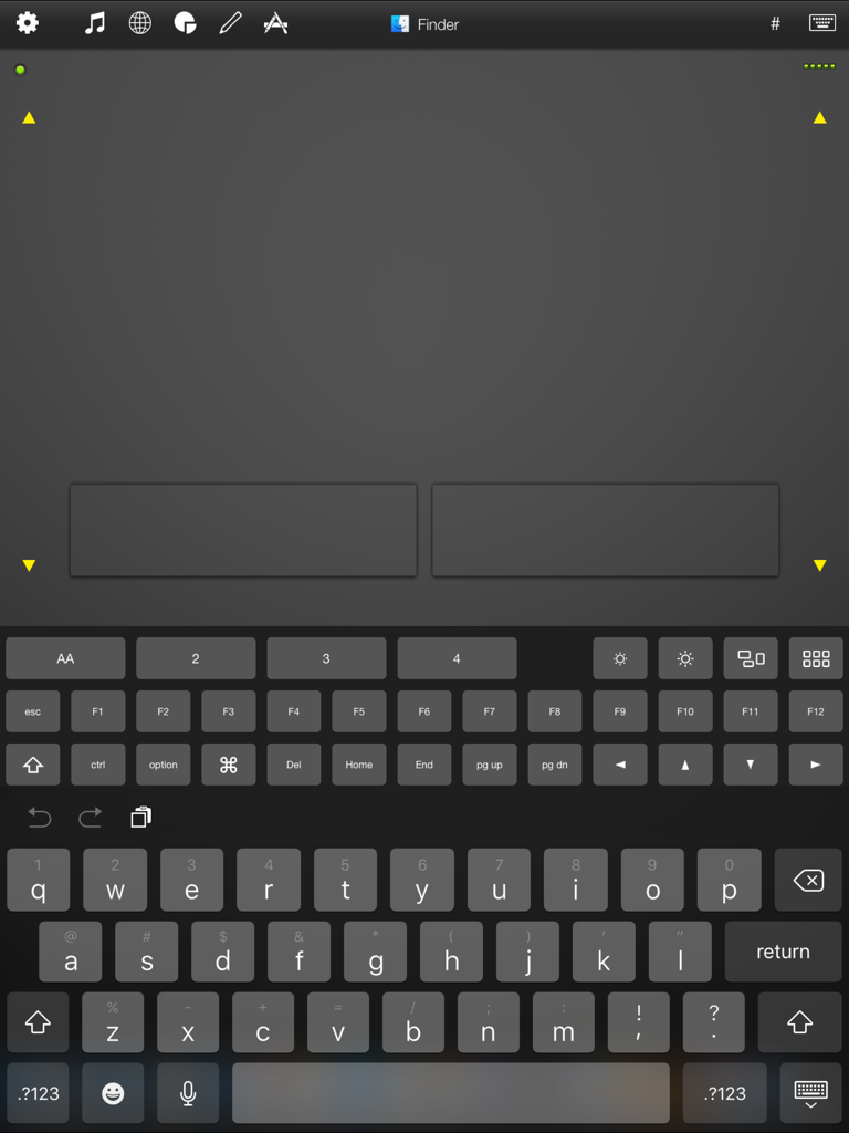 Interface of Mobile Mouse iPad Edition featuring a virtual trackpad and a comprehensive remote keyboard for computer control.