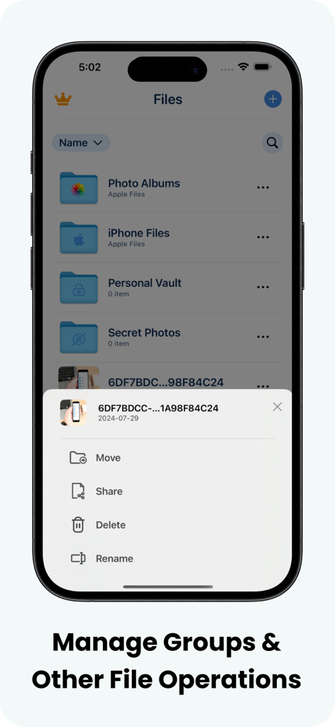 IDM App-Oberfläche auf dem iPhone, die Dateiverwaltungsoptionen wie Verschieben, Teilen, Löschen und Umbenennen anzeigt