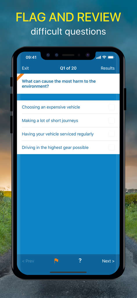 Ein Smartphone, das eine Übungsfrage in der ADI Theorieprüfung UK App anzeigt, mit einer Funktion zum Markieren schwieriger Fragen zur Wiederholung.