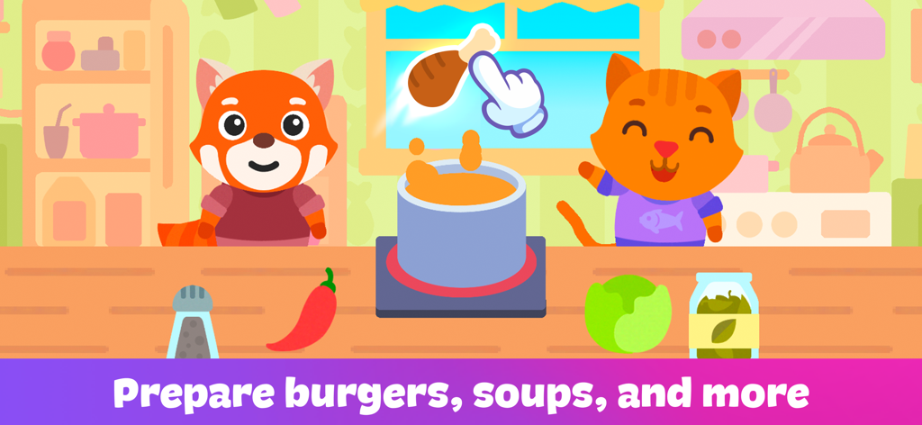 Two cute animal characters cooking soup in a colorful kitchen