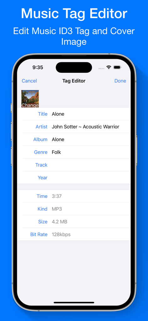 Interface of the music tag editor for modifying song metadata and album cover art.