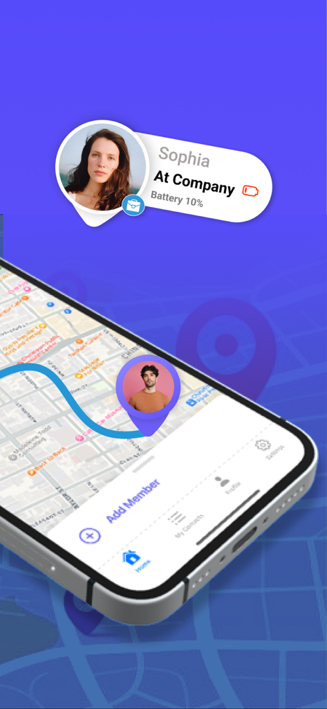 Interface of the Phone Location Tracker app showing a real-time map with a family member's location and battery status