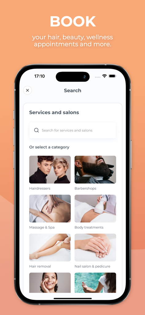 Salonkee: Find & Book Salons - Schermata di ricerca dell'app Salonkee che mostra varie categorie di servizi di bellezza e benessere come parrucchieri e massaggi
